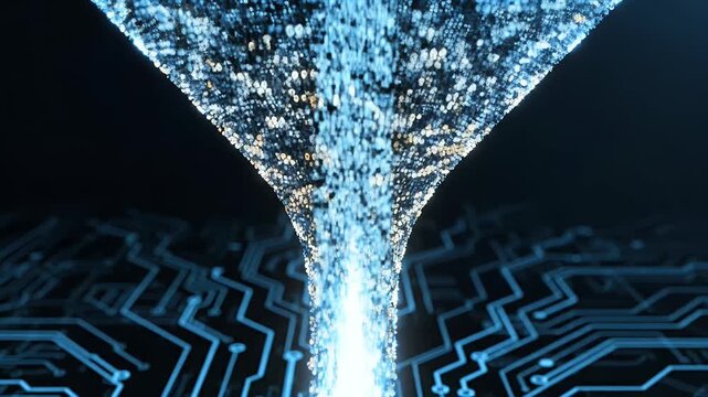 A digital funnel filters glowing blue particles against a circuit board background
