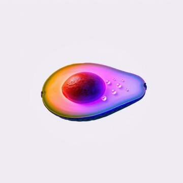 Colorful avocado half displays vibrant rainbow hues. Water droplets rest upon pit, creating striking visual effect. Simple background.