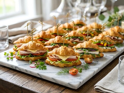 Fresh mini croissant sandwiches with turkey and vegetables on a stone serving board in a kitchen. Sandwich appetizer ideas