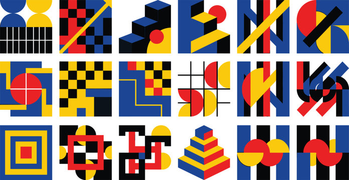 Bauhaus style geometric vector symbol set with 18 minimalist abstract constructivism design elements and architectural grid shapes