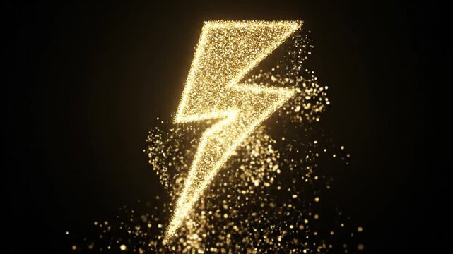 A golden lightning bolt made of shimmering particles on a dark background, dynamic, abstract