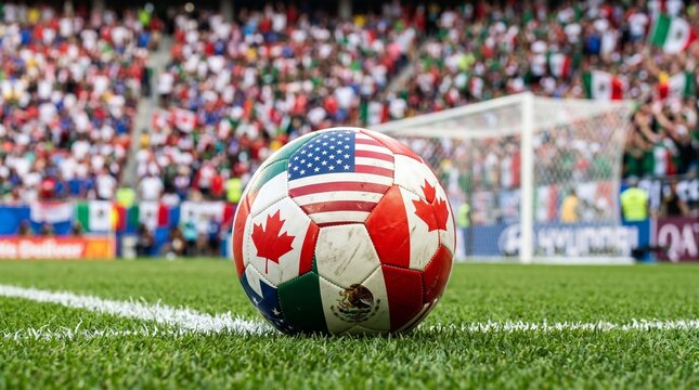 Soccer ball with flags of canada usa and mexico on a soccer field