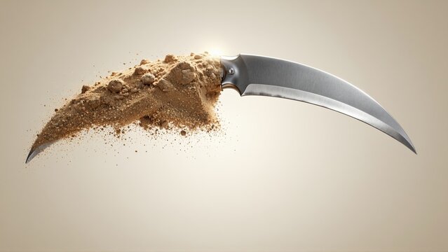 Curved knife emerging from exploding soil