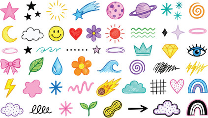 Collection Of Colorful Hand-drawn Celestial And Natural Elements © JANNAT