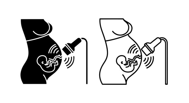 Prenatal ultrasound examination icons for medical diagnostics with ultrasound