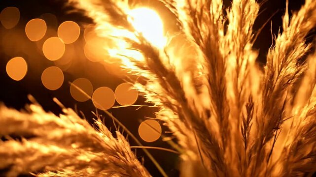 Close-up of golden pampas grass plumes illuminated by warm, glowing light