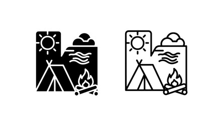 Camping landscape icon with tent campfire and sun landscape campfire vacation © MdDelowar