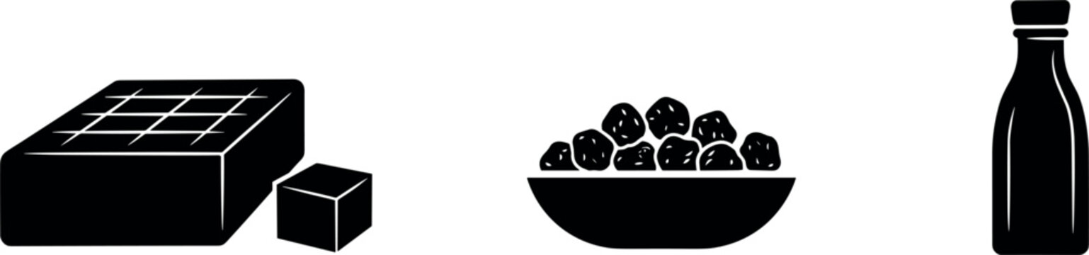 Soy Product Icon Set Featuring Fresh Tofu Block, Soybeans in a Bowl, and Milk Bottle for Vegan Food Branding and Packaging Designs