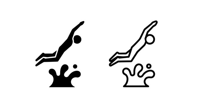 Swimming diver icon set with solid and outline variations swimming recreation