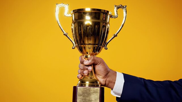 A hand in a suit holds a golden trophy against a yellow background