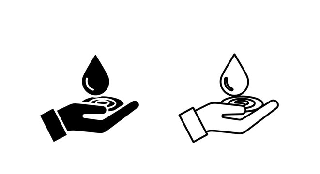 Water drop falling into a cupped human hand icon set with conservation, resource