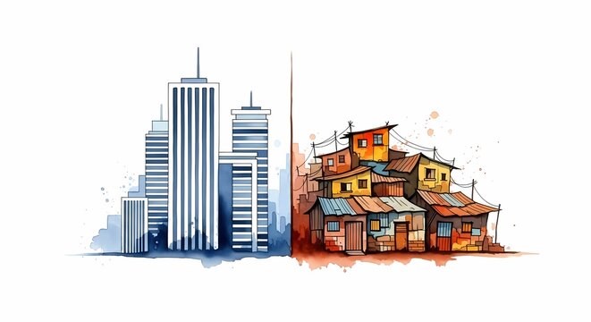 Social Inequality Urban Contrast Rich vs Poor Skyscraper Slum Watercolor Illustration