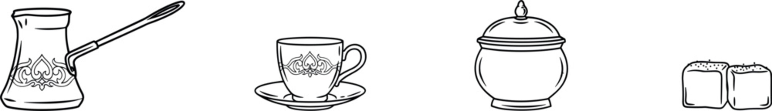 Traditional Turkish Coffee Icon Set Featuring Ornate Cezve Pot, Vintage Espresso Cup, Covered Sugar Bowl, and Turkish Delight Cubes for Cafe Branding