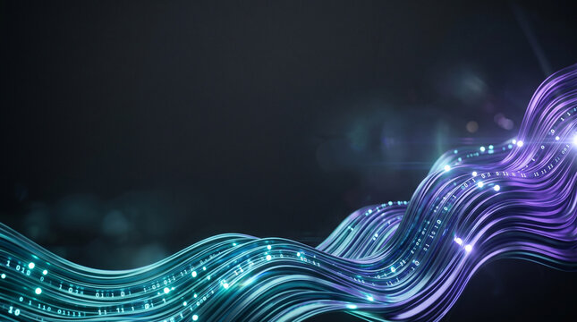 Abstract digital data stream background with glowing fiber optic waves binary code and copy space