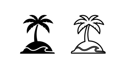 Palm tree on tropical island with ocean wave icon set tropical vacation © MdDelowar