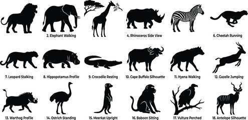Set of African wildlife animal silhouettes featuring lion, elephant, giraffe, rhino, cheetah, and various other safari species, vector © MdSaiful