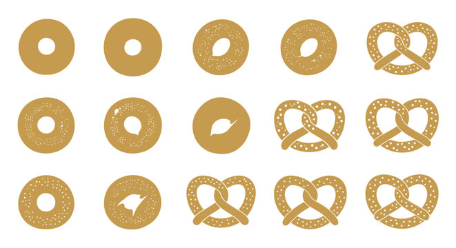 Assorted bagels and twisted pretzels on white background.