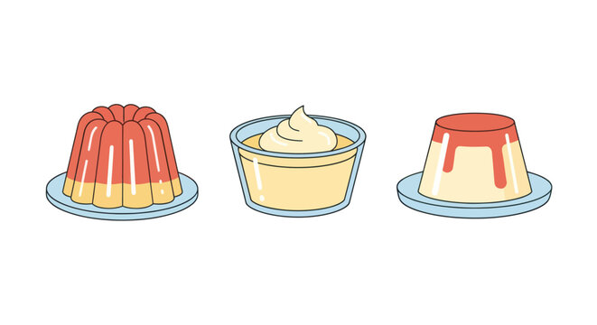 Assorted gelatin desserts and cream puddings on white background.