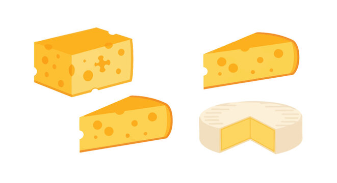 Different types of cheese including swiss and brie wedges.