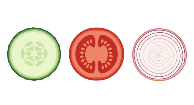 Flat lay slices of cucumber tomato and red onion.