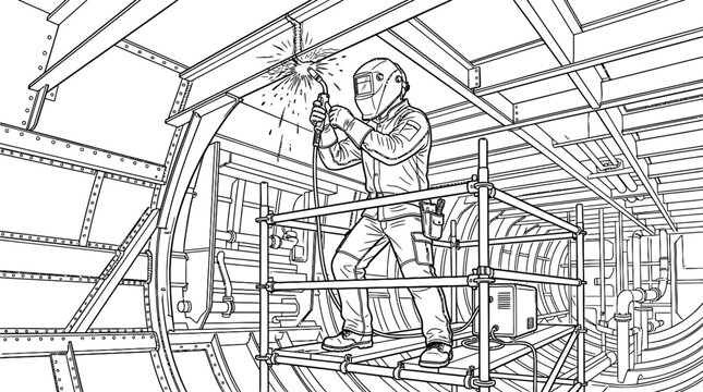 Technical Line Art Illustration of Marine Welder Working Inside Ship Hull