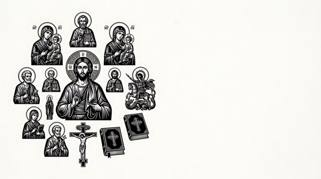 Collection of orthodox christian religious icons in woodcut style
