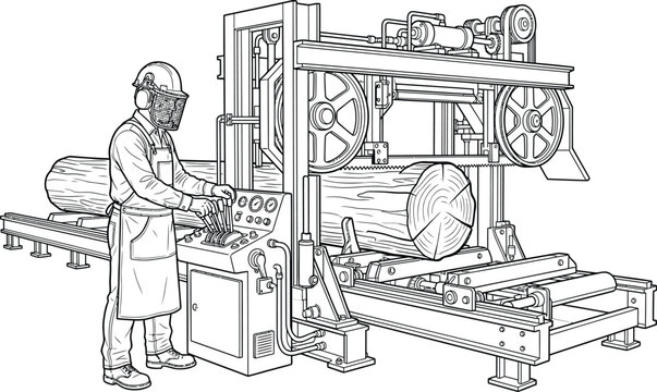 Technical Line Art Illustration of Industrial Sawmill Operator with Bandsaw