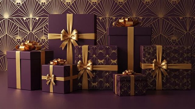 Purple and gold gift boxes arranged against an Art Deco patterned background