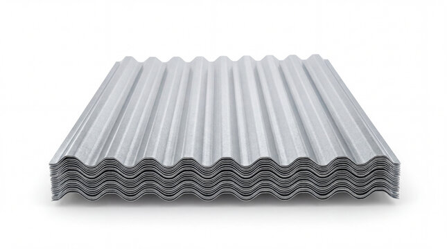 Stack of corrugated galvanized metal roofing sheets, a durable construction material isolated on white background