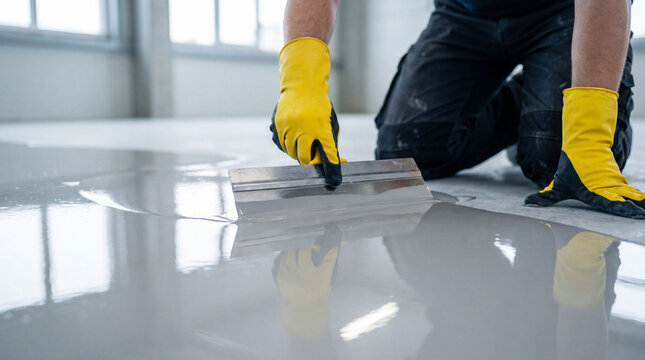 Professional worker applies self-leveling epoxy floor coating using a trowel, creating a smooth, durable finish