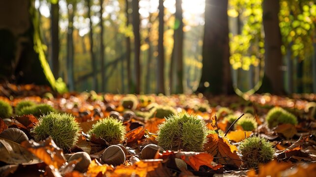 Chestnut forest floor husks and nuts autumn