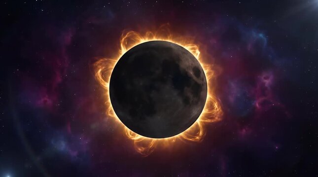 A dramatic total solar eclipse with a fiery corona against a vibrant cosmic background.