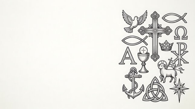 Christian religious symbols set in woodcut style on white background