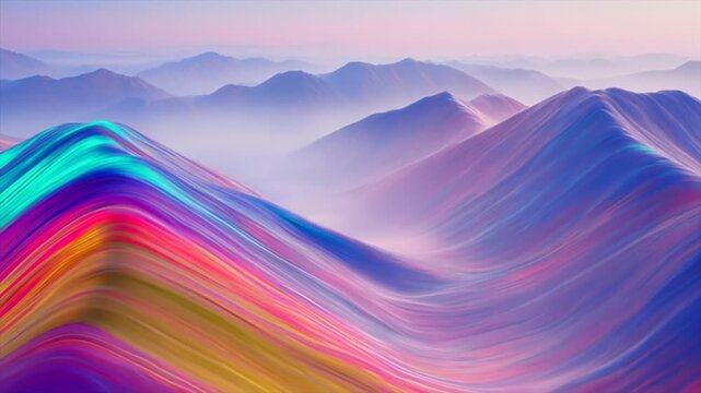 Colorful abstract mountains flowing in soft aerial perspective view, smooth rainbow gradients shaping layered terrain with gentle depth and haze, artistic landscape concept for creativity, design