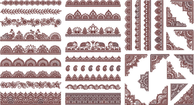 Traditional Mehndi Henna Border and Corner Design Element Set with Indian Paisley, Floral, Peacock, and Elephant Ornaments for Decorative Borders, Frames, and Weddings