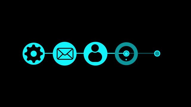 Cyan Icons of Gear, Envelope, and Progress Dots on Black Background cogwheel settings