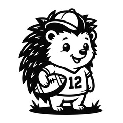 Fototapeta premium Cute Cartoon Hedgehog Athlete Wearing Sports Jersey and Cap Holding an American Football for Team Mascot Logo