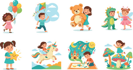 Fototapeta premium Whimsical Childhood Fantasy Illustration Set with Balloons, Costumes, Unicorns, and Creative Play