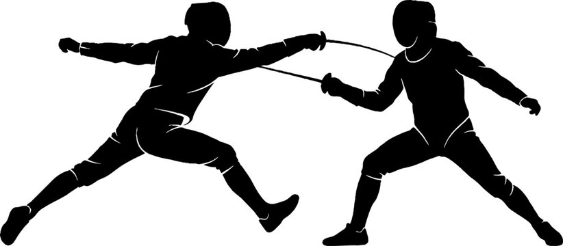 Silhouette of two fencers in a duel stance.