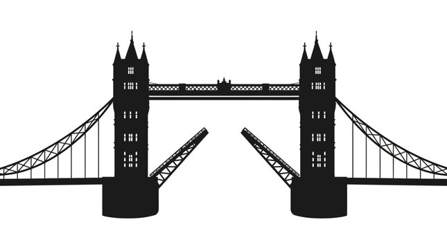Black silhouette of London Tower Bridge with raised drawbridge bascules against a white background. Iconic UK landmark architectural vector illustration for travel and history themes.
