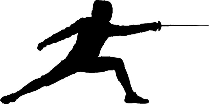 Silhouette of a fencer in action pose with sword.