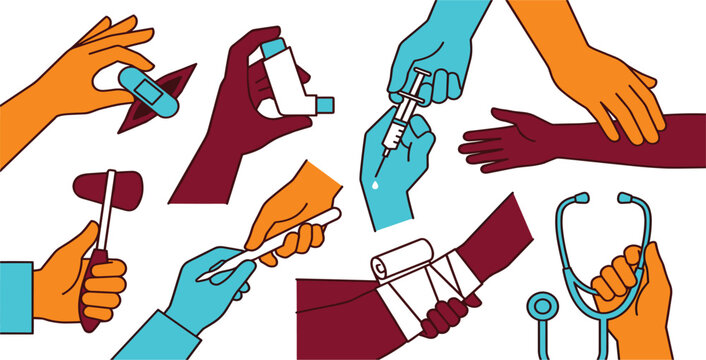 Medical treatment and first aid procedure set with diverse hands using clinical healthcare equipment tools
