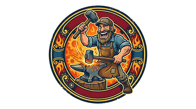 Smiling blacksmith striking anvil vector icon without text