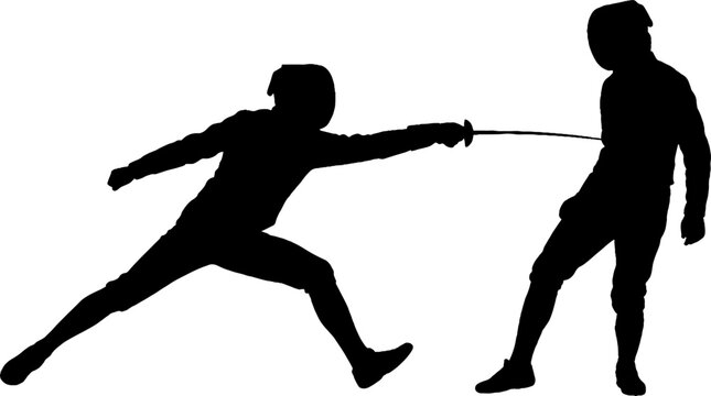Silhouette of two fencers in a duel stance.