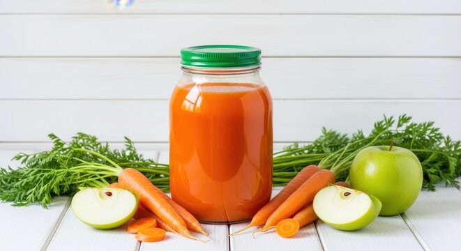 Fresh carrot juice in a glass jar with carrots and green apples on a white wooden table