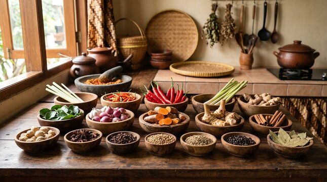 Vibrant Assortment of Fresh Indonesian and Asian Spices, Herbs, and Ingredients in a Rustic Kitchen Setting