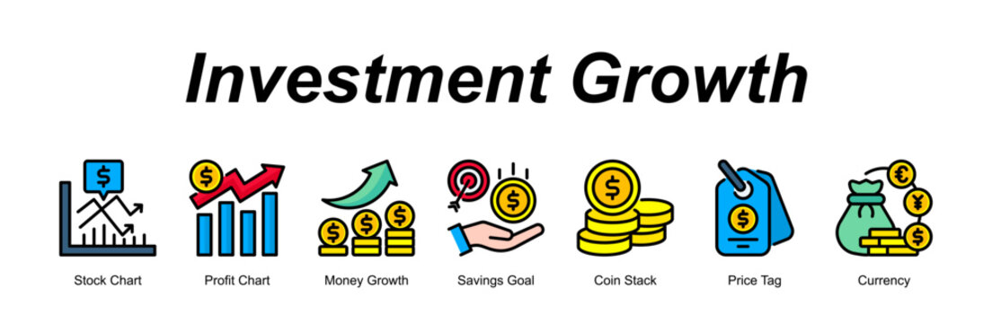 Investment Growth banner web icon vector illustration concept with an icon of Stock Chart, Profit Chart, Money Growth, Savings Goal, Coin Stack, Price Tag, Currency