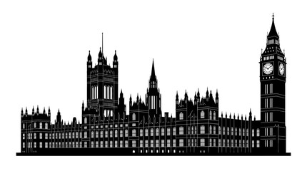 Fototapeta premium Detailed black silhouette of the Palace of Westminster and Big Ben clock tower in London, England. Iconic Houses of Parliament architectural vector outline on white.