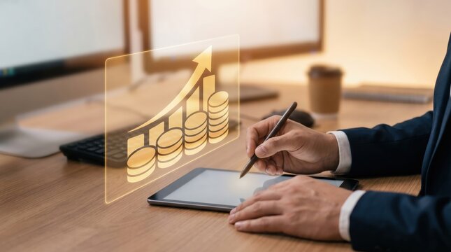 Golden Financial Growth, Crypto Investment, and Asset Wealth Concept: Floating Holographic Exponential Chart with Upward Arrow and Layered Token Shapes above Blurred Digital Tablet