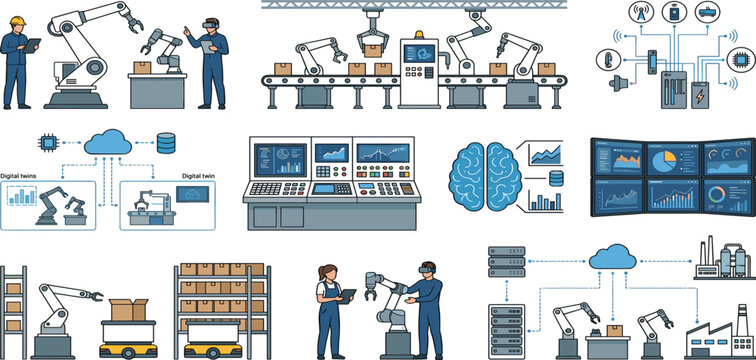 Smart factory and industry four point zero automated manufacturing vector icon set with robotic arms